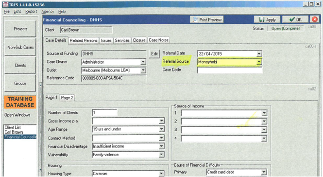 IRIS financial counselling screen with 'Moneyhelp' entered into Referral Source field and highlighted.