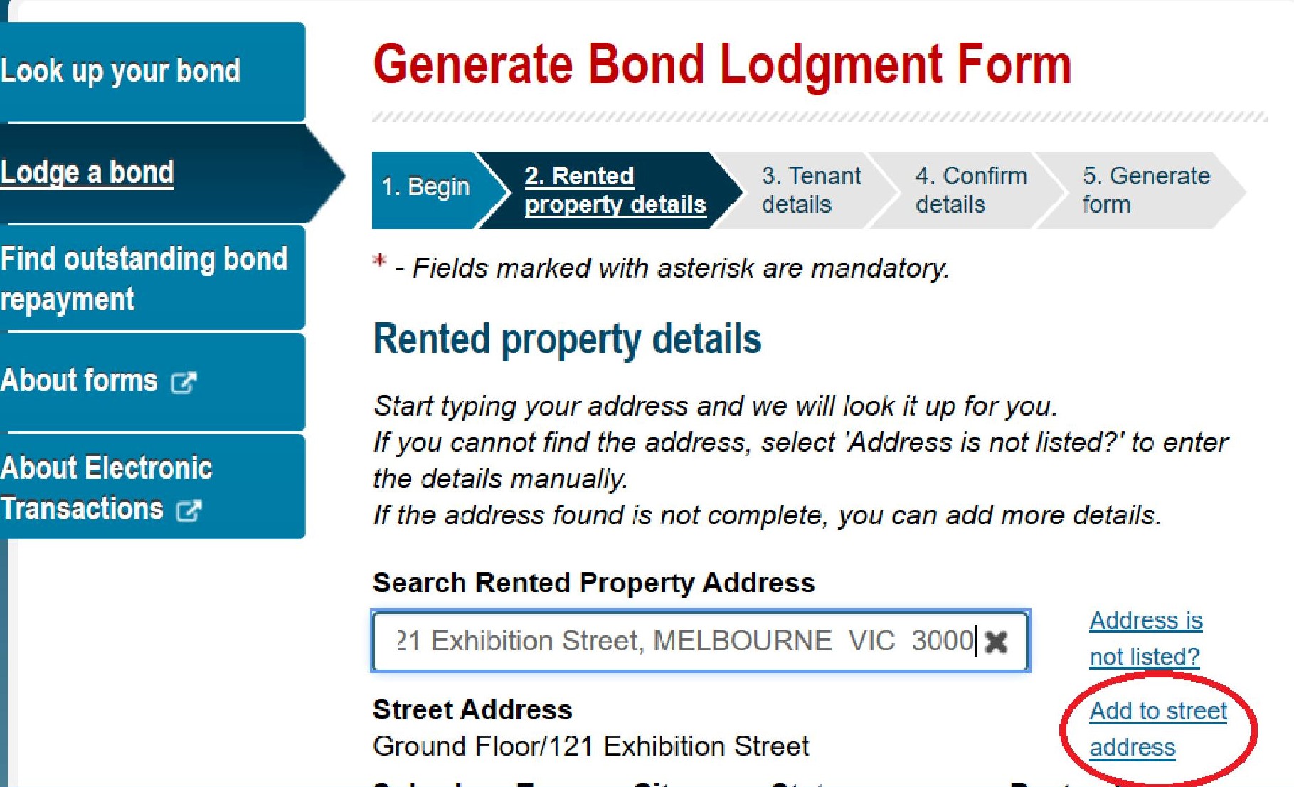 If the address is found but requires more details to be added to it such as a unit or a room number, select the address from the drop down list and then select 'Add to street address' rather than 'Address is not listed?' Then add the extra details.