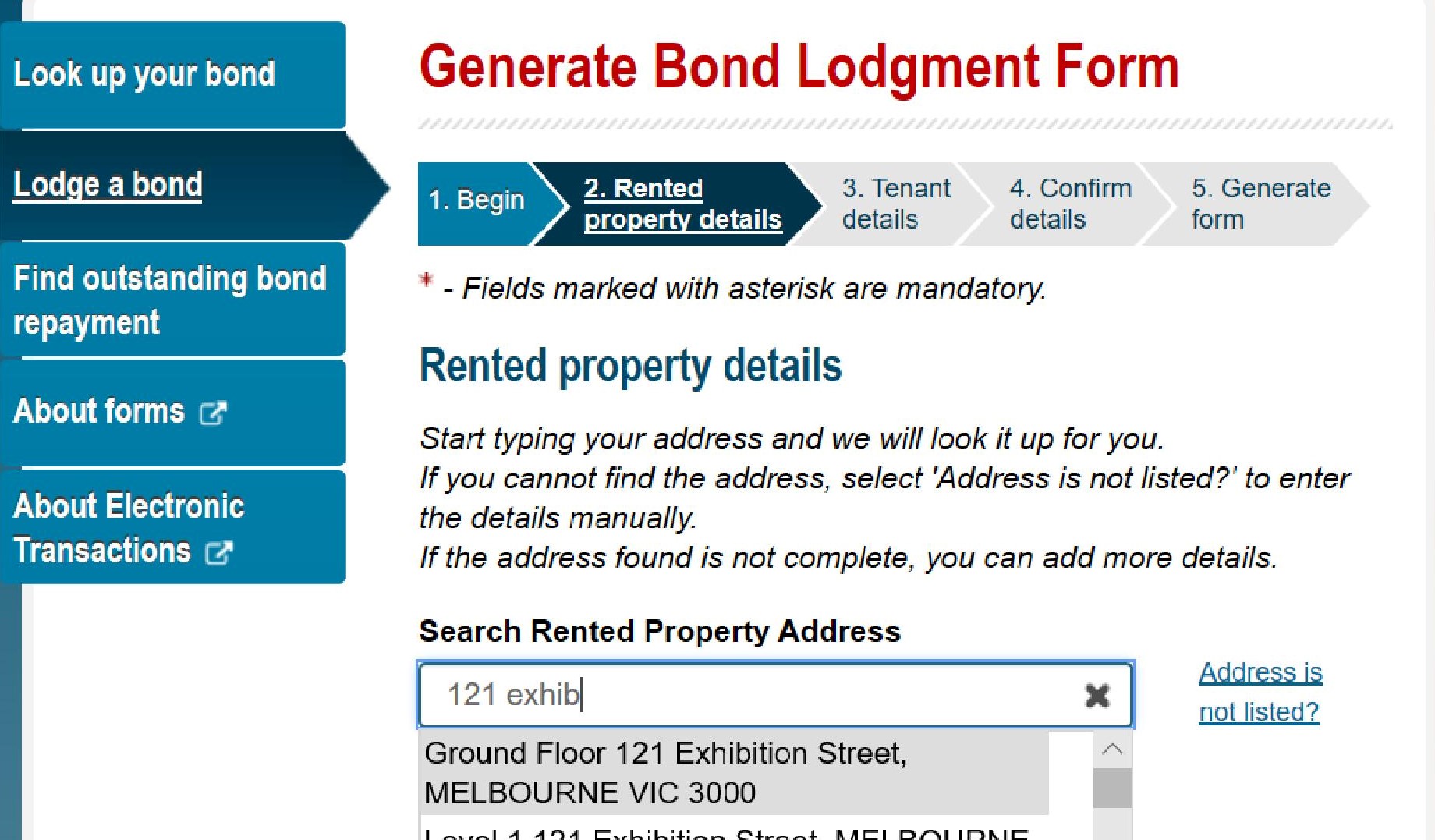 To ensure the rented property address is correctly recorded, start typing your address in 'Search Rented Property Address' and we will look it up for you. Click on the correct address to select.