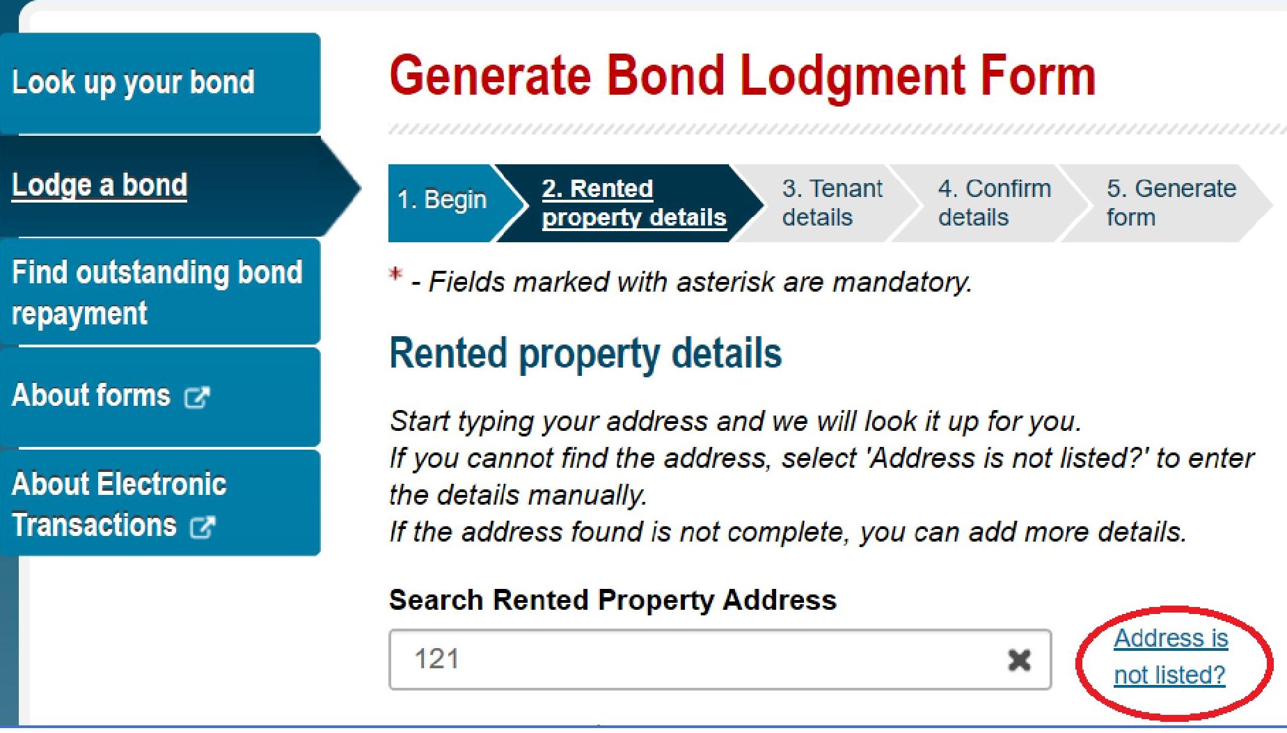 If the address is not listed, choose 'Address is not listed?' and fill in the details.