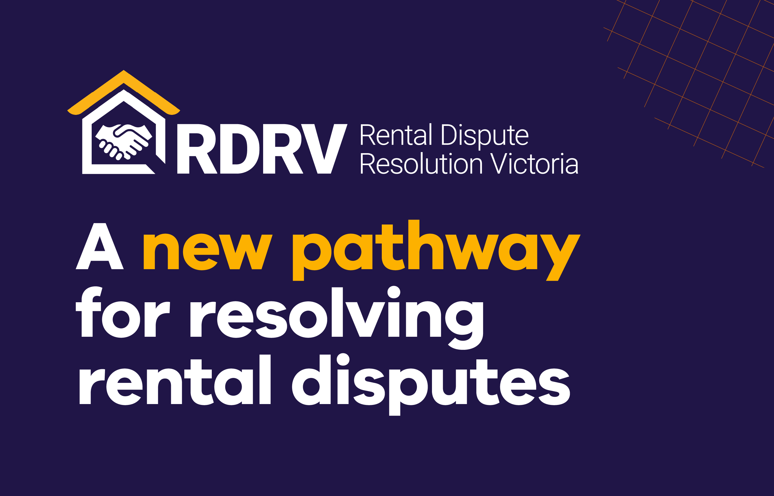 Image of Rental Dispute Resolution Victoria house logo on purple tile with the text 'A new pathway for resolving rental disputes'.