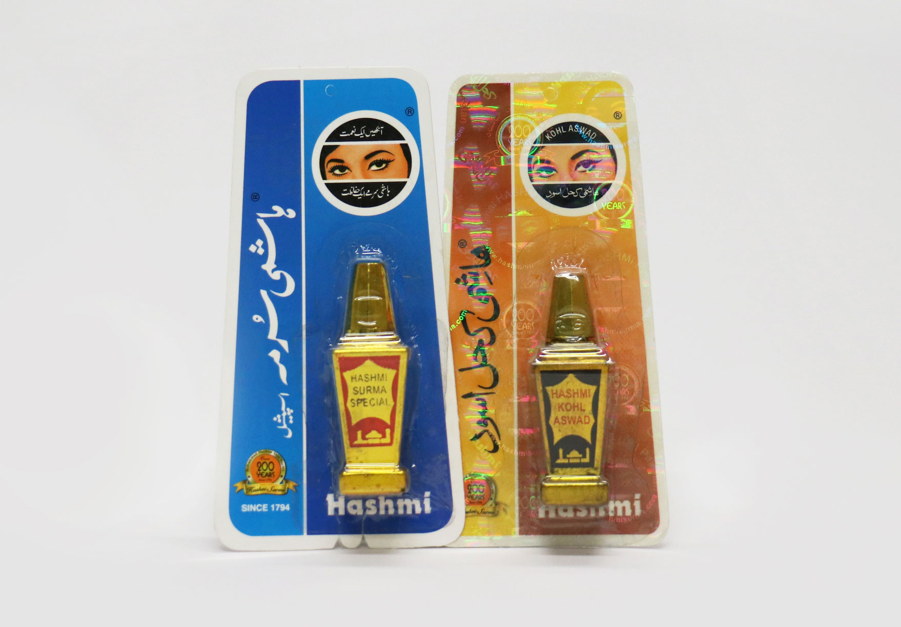 Photo of eyeliner products branded 'Hashmi Surma Special' and 'Hashmi Kohl Aswad'.