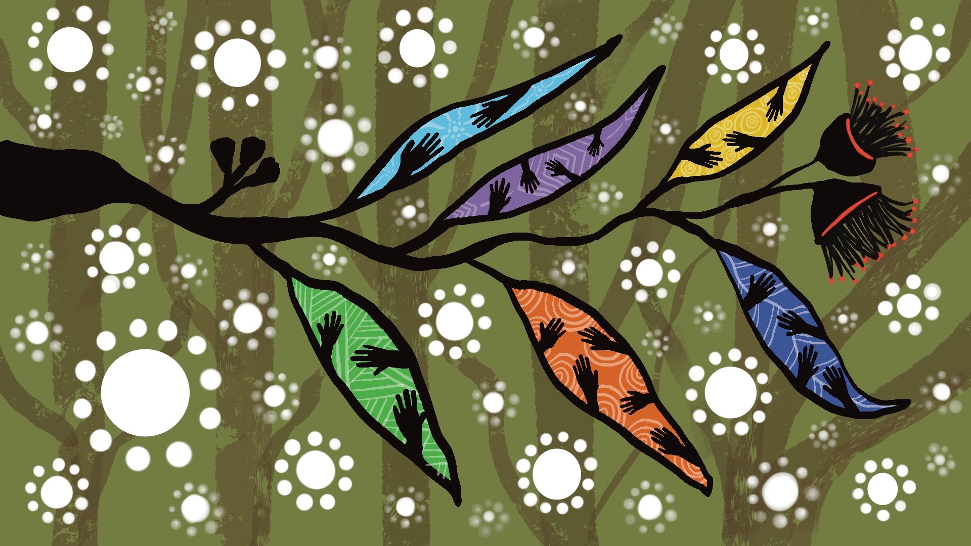 This artwork's title is ‘Tyaler’ (pronounced cha-ler), which is a Wamba Wemba word meaning ‘branch’.  Tyaler was designed to represent Consumer Affairs Victoria and the services it provides.